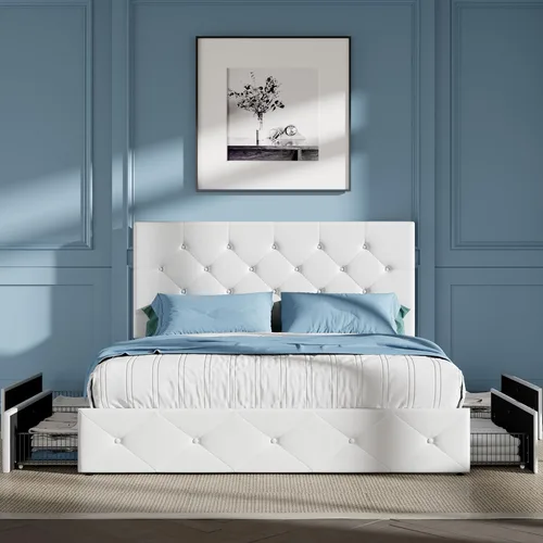 Miniatura 3 de HOOMIC Base de cama de almacenamiento de plataforma de tamaño matrimonial con 4 cajones y cabecera ajustable, listones de madera, no necesita Blanco