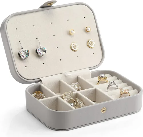 Miniatura 8 de Vlando Joyero pequeño, organizador de joyas de viaje para aretes, collar, anillo, organizador de joyas de viaje portátil de doble capa para mujeres