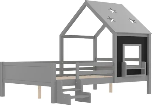 Miniatura 6 de Marco de cama de tamaño matrimonial para niños con escaleras, bonito techo y ventana en forma de estrella para niños y niñas, cama de plataforma
