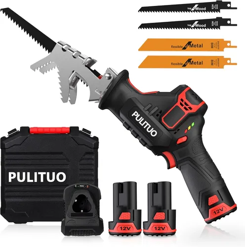 Miniatura 9 de PULITUO Sierra recíproca inalámbrica, velocidad 3000SPM, con mordaza de sujeción, batería de 2000 mAh, carga rápida de 1 hora, guantes de seguridad