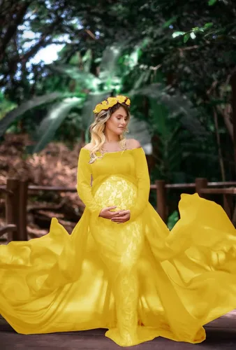 Miniatura 6 de ZIUMUDY Vestido de sesión de fotos de maternidad de manga larga con hombros descubiertos, vestido de encaje ajustado con capa larga de gasa trian