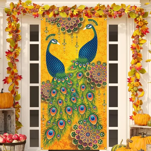 Rvsticty Happy Diwali Decoraciones indio Diwali Pavo real cubierta de puerta Deepavali Festival indio de luces Decoración Diwali Decoraciones para