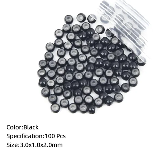 Miniatura 3 de Vlasy 100 Piezas Cuentas de Nano Anillo con Forro de Silicona para Extensiones de Cabello Humano con Nano Anillo 5 Colores Opcionales (Negro)