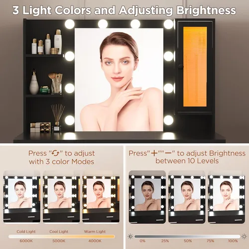 Miniatura 4 de ERLEJIA Escritorio de tocador con espejo y luces, tocador de maquillaje grande de 43 pulgadas con 9 cajones, 3 estantes abiertos, iluminación LED
