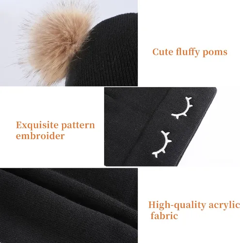 Miniatura 4 de Muryobao Gorro de invierno para mujer, suave y cálido, con cierre de calavera, con doble pompón, orejas