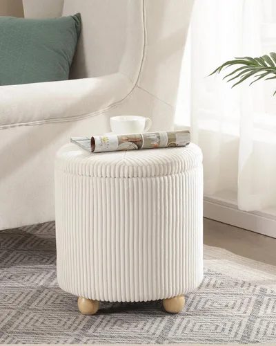 Miniatura 6 de Adeco Otomana redonda de almacenamiento, taburete tapizado para maquillaje, taburete de terciopelo para dormitorio, dormitorio