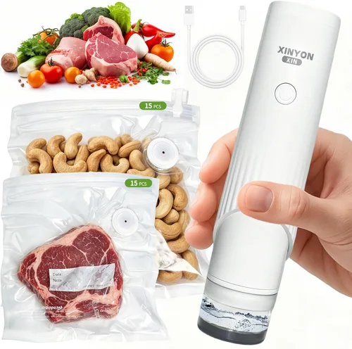 Xinyonxin Máquina selladora al vacío de mano con 30 bolsas reutilizables, bomba eléctrica inalámbrica de conservación de alimentos para carne y sous