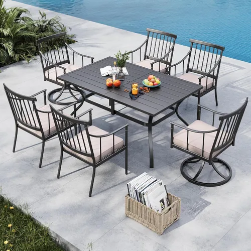 Miniatura 21 de MFSTUDIO Juego de comedor de 5 piezas de metal para patio, juego de muebles para exteriores con 1 mesa cuadrada de madera y 6 sillas de respaldo