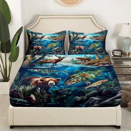 Miniatura 9 de Juego de sábanas bajeras de alce salvaje, tamaño individual, juego de ropa de cama rústica de pino de pesca con peces de Basa, decoración