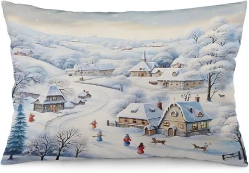 Miniatura 22 de Funda de almohada con escena de pueblo navideño con niños, fundas de almohada de 12 x 20 pulgadas, almohadas decorativas de Navidad para sofá, funda