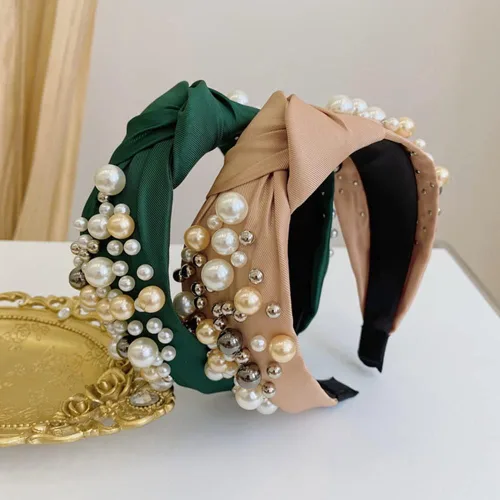 Miniatura 5 de Wiwpar Diademas anudadas de perlas para mujer, diadema ancha de perlas anchas para la cabeza, accesorios para el cabello bohemios (azul)