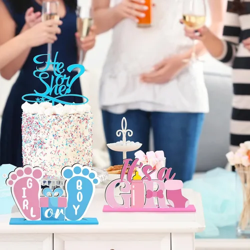 Miniatura 5 de Suzile 6 piezas centros de mesa de revelación de género para bebés, decoraciones de madera azul y rosa para fiesta de revelación de género