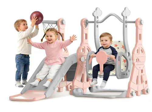 Miniatura 10 de BIERUM Juego de Tobogán y Columpio 4 en 1 para Niños Pequeños, Tobogán para Bebés para Niños Pequeños de 1-2 Años, con Aro de Baloncesto, Juego