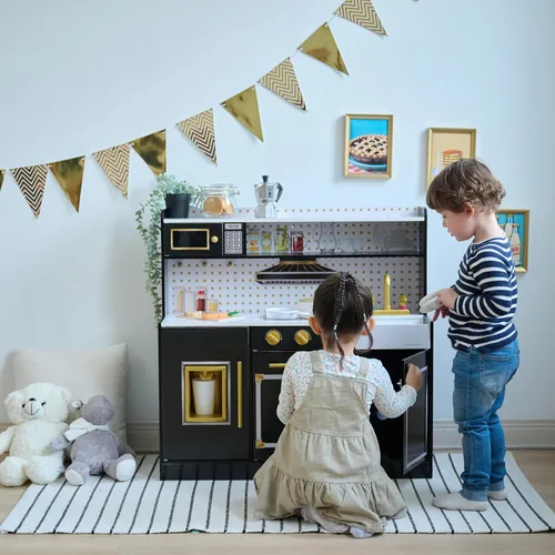 Miniatura 9 de Teamson Kids Juego de cocina de madera para niños pequeños con accesorios, juego de cocina simulada para niños de 3 años en adelante, juego de Negro