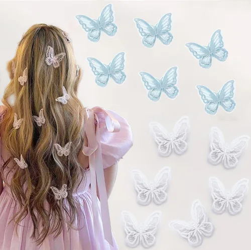 Trnerm Pinzas para el pelo de mariposa, 12 piezas de encaje azul y blanco bordado mariposa hada horquillas para Halloween, cosplay, mujeres, niñas,