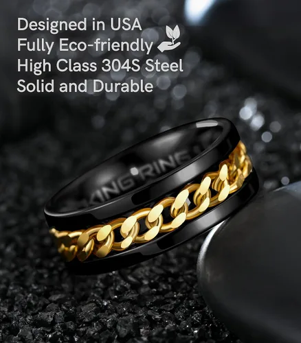 Miniatura 52 de King Ring Anillo giratorio de 0.315 pulgadas, anillo plano pulido fino para hombres y mujeres con cadena cubana, diseñado en Estados Unidos