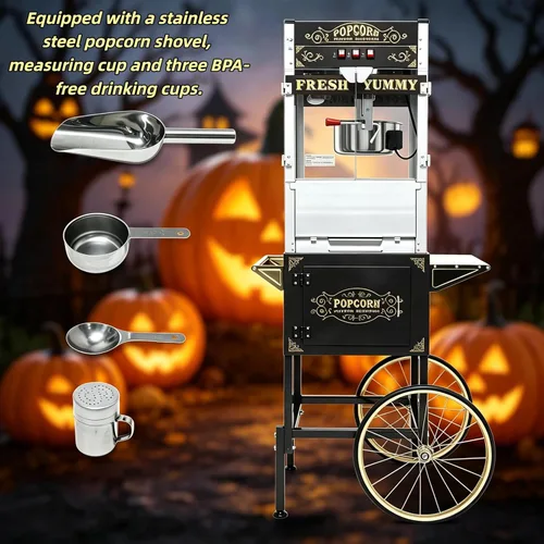 Miniatura 8 de Máquina comercial de palomitas de maíz, 20 onzas con carrito y ruedas, máquina para hacer palomitas de maíz con hervidor de acero inoxidable