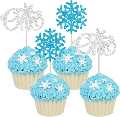 Miniatura 9 de 24 piezas de adornos para cupcakes de copo de nieve, copo de nieve azul con purpurina, adornos para cupcakes de invierno, adornos para pasteles