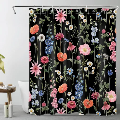 Miniatura 13 de LB Juego de cortinas de ducha de mariposa y flores con alfombras, margaritas y morado lavanda, hojas de eucalipto, cortina de ducha verde