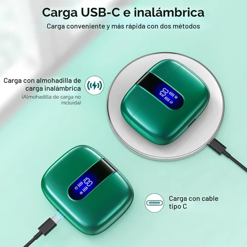Miniatura 3 de TAGRY Auriculares Bluetooth Verdaderamente Inalámbricos Auriculares 60H Reproducción Pantalla LED de Energía Audífonos con Estuche de Carga Verde