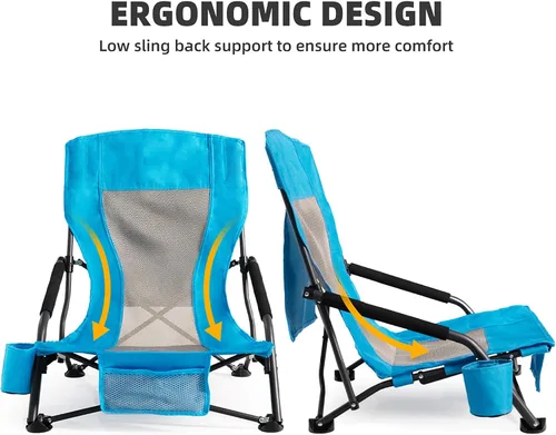 Miniatura 4 de Silla de playa plegable portátil para adultos, juego de 2, silla ligera con respaldo bajo con soporte para tazas y bolsillo de almacenamiento, silla