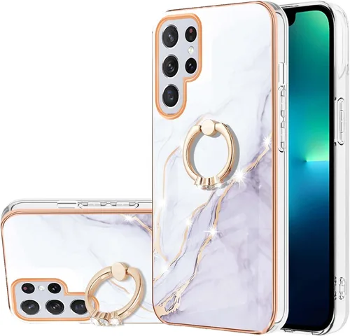 Funda para Samsung Galaxy S22 Ultra, TPU suave + patrón de mármol IMD brillante anillo para niñas y mujeres, funda de protección de cámara y