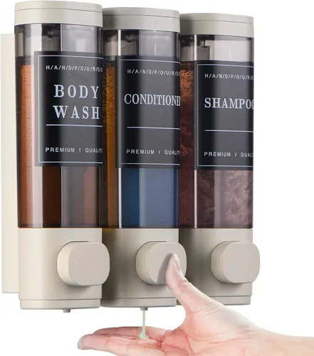 Miniatura 10 de Dispensador de champú y acondicionador, dispensador de jabón de ducha, 3 cámaras, sin taladro, dispensador de champú montado en la pared para ducha