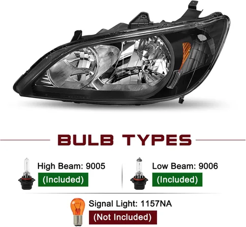 Miniatura 3 de JSBOYAT Conjunto de faros delanteros de repuesto con bombillas para Honda Civic 2/4 puertas 2004-2005, carcasa negra, reflector ámbar