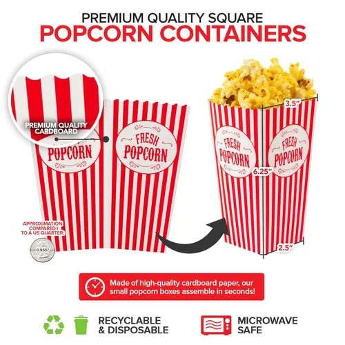 Miniatura 3 de Stock Your Home Paquete de 50 cajas de palomitas de maíz desechables de cine a rayas rojas y blancas, capacidad de 30 onzas, caja de aperitivos