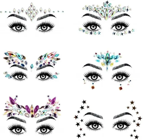 AOMIG Gemas faciales con purpurina, 6 calcomanías de diamantes de imitación para la cara, joyas de cara de sirena, piedras preciosas de lágrimas de
