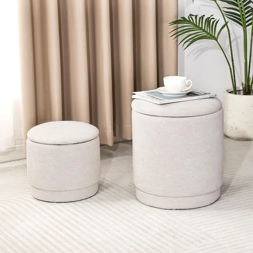 Homebeez Juego de 2 otomanas redondas de almacenamiento, taburete tapizado de felpilla con tapa extraíble para sala de estar y dormitorio, asiento