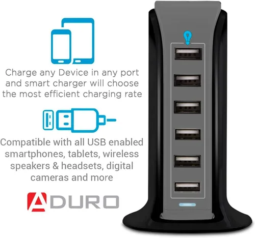 Miniatura 3 de Aduro - Estación de carga de 6 puertos USB 40W de escritorio, para iPhone, iPad, tabletas y smartphones con Smart Flow