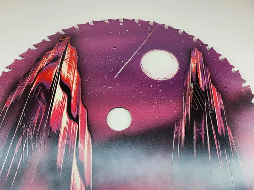 Miniatura 3 de Double Sided Saw blade Painting in Purple Colors of Fantasy Landscape scenes Flip Sides by artist Jason Girard