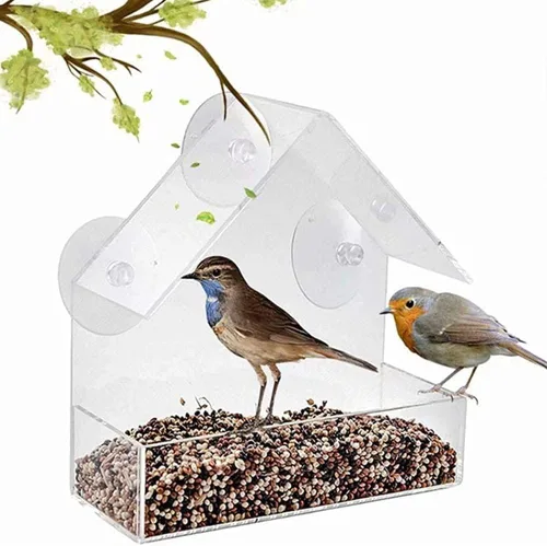 Ochine Comedero para pájaros con ventana con 3 ventosas fuertes y bandeja de semillas para exteriores, comedero para pájaros pequeños con ventana