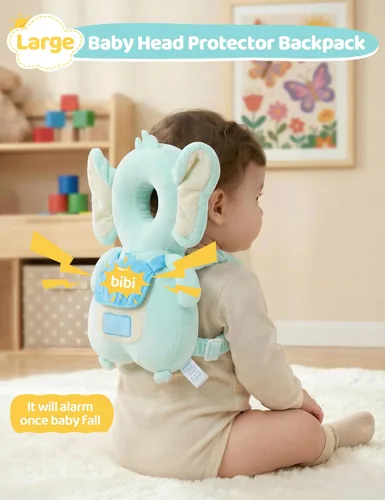 Miniatura 2 de JunNeng Mochila con protector de cabeza para bebé con sonajero, almohadilla de protección de seguridad para la cabeza de niño pequeño, Elefante azul