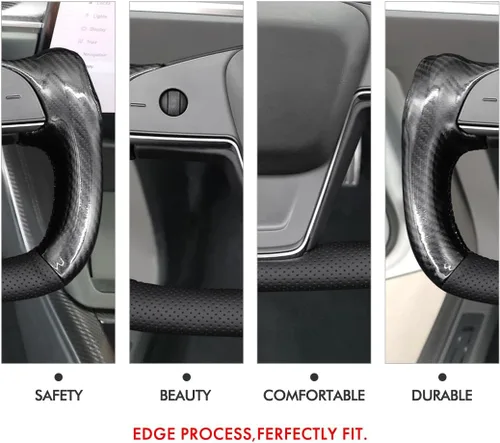 Miniatura 7 de MEWANT Funda para volante de cuero PU cosida a mano y fibra de carbono brillante para Tesla Yoke Modelo S Plaid 2021-2023 / Modelo X 2021-2023 7
