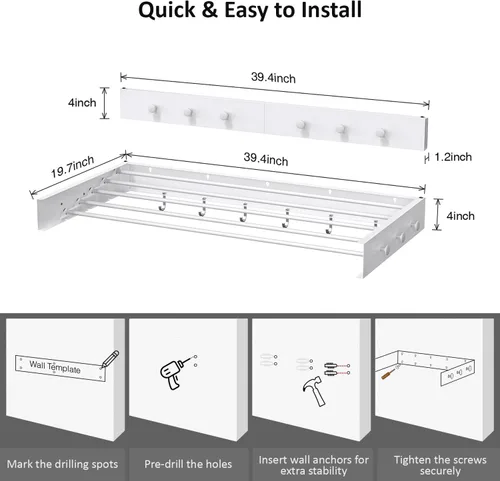 Miniatura 2 de Tendedero de secado para ropa, montaje en pared, plegable, plegable, capacidad de 60 libras, 5 postes de aluminio con 6 ganchos, ahorro de espacio