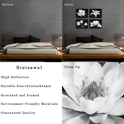 Miniatura 6 de Biuteawal - Impresiones en lienzo de flores, arte de magnolia lirio, pintura floral en blanco y negro, impresiones en lienzo para decoración
