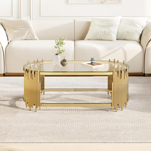 Miniatura 13 de 2-Tier Gold Glass Coffee Table, Modern Oval Coffee Table with Clear Tempered Black Shelves and Stainless Steel Frame, Luxury Center Tables for