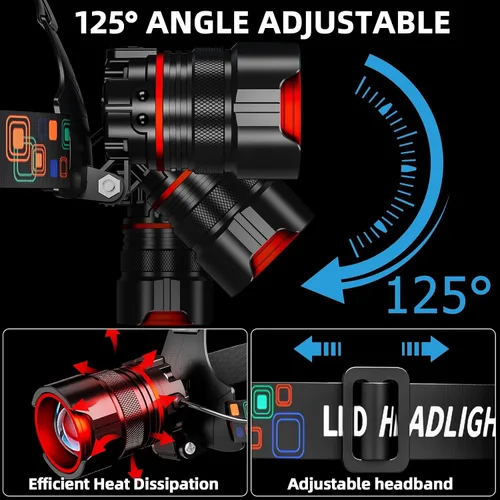 Miniatura 3 de Linterna frontal recargable 99000 lúmenes altos, lámpara LED súper brillante con sensor de movimiento, 12 modos, IPX7 impermeable, ajustable a 125°