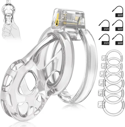 Miniatura 13 de Dispositivos de Jaula de Castidad Masculina - Jaula de Pene de Silicona Suave y Ligera para Hombre, Cintura de Castidad Transparente con Candado
