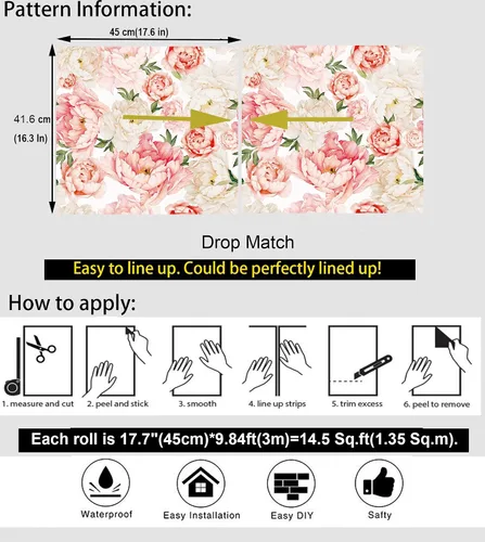 Miniatura 5 de Blooming Wall PS040 - Papel pintado autoadhesivo autoadhesivo de peonía fresca y rosa extraíble para despegar y pegar