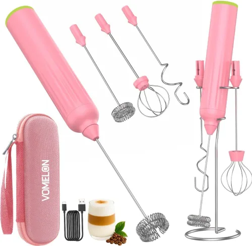 Miniatura 12 de Espumador de leche de mano con 3 batidores de acero inoxidable, mezclador eléctrico recargable de bebidas con soporte y estuche de viaje, espumador