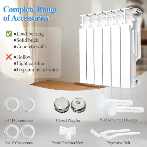 Miniatura 3 de Calentador de Radiador de Pared Montado en la Pared AB con 6 Paneles, Radiador de Agua Caliente de Aluminio Ligero para Cocina, Dormitorio