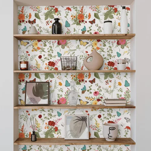 Miniatura 7 de VEELIKE Papel tapiz de 17.7 x 118 pulgadas con diseño de mariposas y caléndulas florales, para dormitorio, baño, guardería, papel de contacto floral