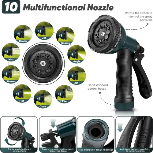 Miniatura 8 de Manguera de jardín con boquilla de 10 funciones, manguera de conector de metal a prueba de fugas, sin nudos, mangueras sin torceduras, más ligera
