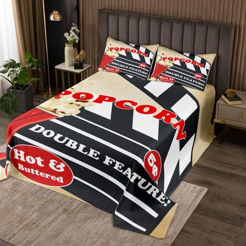 Miniatura 21 de Homewish Theater Cinema Poster Quilt Sets Twin Size,Retro Movie Bedspread Coverlet 2Pcs for Kids Girls Boys Room Decor,Popcorn Quilts Set Movie