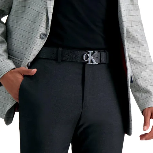 Miniatura 5 de Calvin Klein Cinturón casual con hebilla de placa para hombre con tratamiento de logotipo, NegroPlata