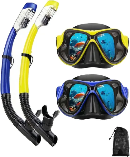 Miniatura 13 de Equipo de esnórquel para adultos, jóvenes y niños, juego de máscara de esnórquel con parte superior seca, juego de máscara de buceo antivaho