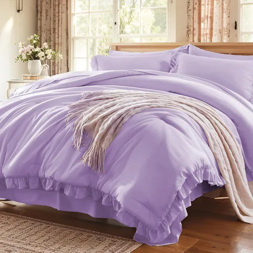 Miniatura 18 de Anluoer - Juego de cama individual con edredón de 5 piezas, rosa en una bolsa con sábanas, juego de ropa de cama de todos los días con volantes